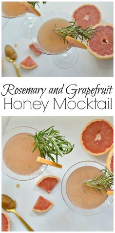 rosemary and grapefruit honey mochai cocktail is served in coupe glasses with garnishes