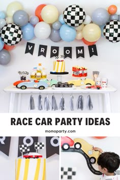 a race car party with balloons, streamers and cars on the table for kids to play in