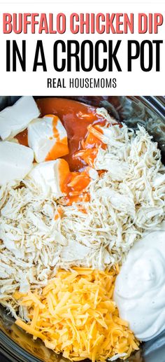 the ingredients for buffalo chicken dip in a crock pot