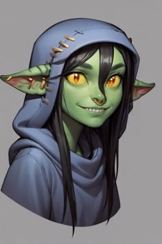 an image of a woman with green hair and yellow eyes wearing a blue hoodie