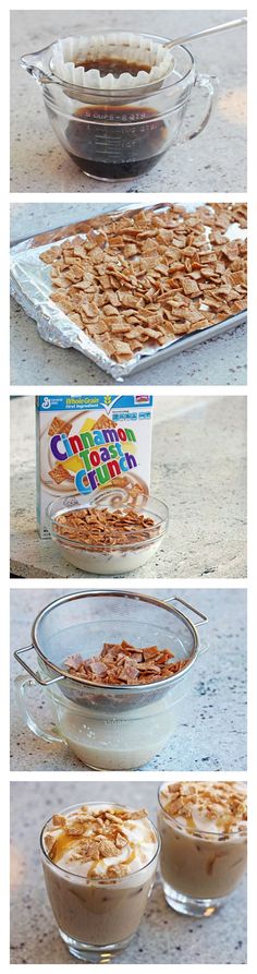 three pictures showing different stages of making oatmeal in glass bowls and baking pans