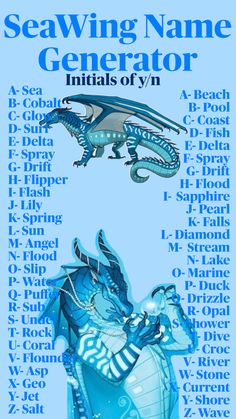 a blue poster with an image of a dragon on it's back and the words seawing name generator