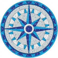 a blue and white mosaic tile with an arrow in the center on a white background