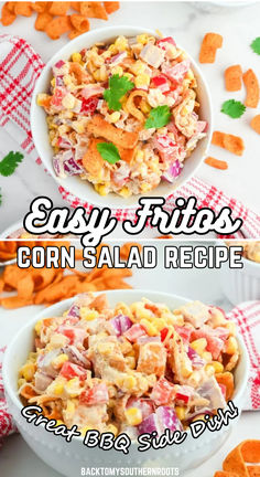 A colorful and delicious Fritos corn salad recipe, perfect as a BBQ side dish. Recipe With Fritos, Fritos Corn Salad, Mexican Corn Salad Recipe, Frito Recipe, Frito Corn Salad, Chili Cheese Fritos, Unique Side Dishes, Corn Salad Recipe, Mexican Corn Salad