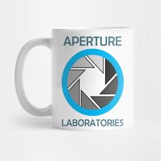 a white coffee mug with the words'aperture laboratoryies'printed on it