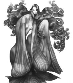 a pencil drawing of a woman with long hair and flowing waves on her body,