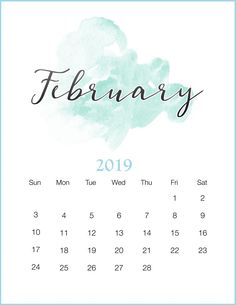 a calendar for the month of february with watercolor paint splattered on it