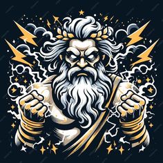 an old man with a beard and lightning bolt in his hands