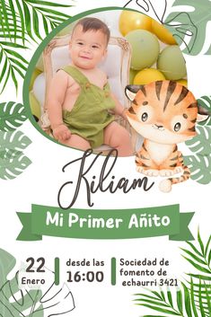 Invitacion digital primer añito tigres bebe Birthday Invitation Card Template, Baby Shower Chocolate, Wild One Birthday Invitations, Baby Backdrop, Unisex Baby Shower, Safari Baby Shower