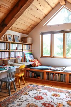 a room that has some bookshelves and a rug on the floor in front of it