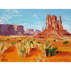 an oil painting of desert scene with rocks and trees