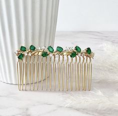 This quality emerald coloured crystal hair comb is an extremely versatile piece, perfect to add to many styles for the Bride, Bridesmaid, Mother of the Bride etc . alternatively spoil that special someone and give as a gift ! All my bridal hair accessories are made to the very highest standard using the finest quality materials whilst paying care and attention to detail.  Materials  . AAA grade emerald coloured and clear cubic zirconia crystals , . Anti tarnish wire,combs and pins , . Ships from Diamond Hair, West Wales, Crystal Hair Comb, Emerald Color, Bridal Hair Comb, Green Diamond, Crystal Hair, Bridal Headpieces, Bridal Hair Accessories