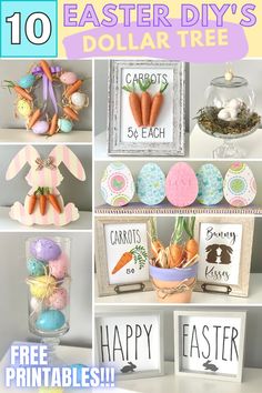 easter decorations and crafts are featured in this collage with the words, 10 easy diy's dollar tree