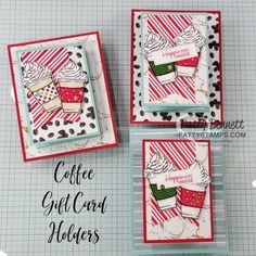 three coffee gift card holders made with stampin's cupcakes dieing