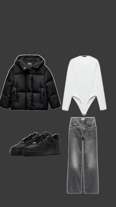 three pieces of clothing including a jacket, jeans and sneakers