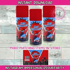 three red and blue tins with an image of spider - man on the side