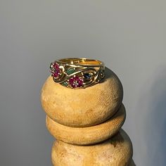 10k Gold, Ruby, Sapphire, Emerald, Diamond Flower Ring Ruby And Emerald Ring, Diamond Flower Ring, Ruby Sapphire, Ring Color, Diamond Flower, Emerald Diamond, Flower Ring, Emerald Ring, 10k Gold