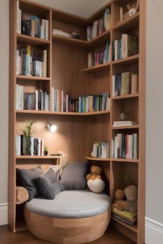 a living room with bookshelves, couch and stuffed animals on the floor in front of it