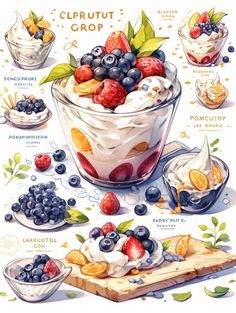 a poster with different types of desserts in bowls and spoons on the table