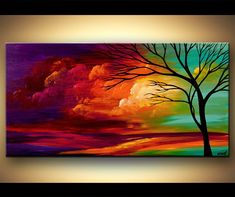 a painting of a tree with colorful clouds in the background