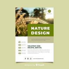 a green and white flyer with an image of grass in the background, for nature design