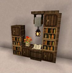 Minecraft Wood Shop Ideas, Boho Minecraft Room, Minecraft Interior Ideas No Mods, Tv Stand Minecraft, Hobit Houses Minecraft Interior, Minecraft Cottage Interior Ideas, Shelf Design Minecraft, Minecraft Basement Interior, Minecraft Tiny Builds Ideas