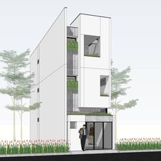 an artist's rendering of a two story building with people standing in the doorway