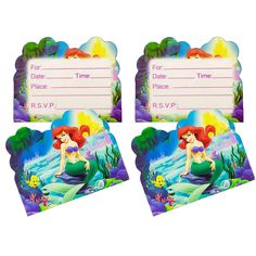 two little mermaids birthday party place cards with the name ariel and the little mermaid on them