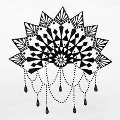 a black and white drawing of a flower with rain drops hanging from it's petals