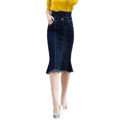 Dark blue trumpet denim skirt online. Excellent jeans skirt from the 2021 Autumn collection. The fashionable outfit helps to look modern and draws the attention of others. The deep and rich - dark blue color perfectly fits every person. An unwashed denim pattern gives a more elegant look. Choose a trumpet fit style to create flirty and feminine looks for the office, every day, or travel. High-waist will stretch your legs and raise the shape of your natural. The cotton fabric features a soft feel Fitted High-waist Denim Skirt, Fitted High Waist Denim Skirt, High Waist Fitted Denim Skirt, High Rise Fitted Denim Blue Skirt, Trendy Fitted Flare Skirt, Fitted Denim Blue Skirt For Spring, Fitted Knee-length Denim Jeans, Trendy Fitted Flare Denim Skirt, High Waist Denim Skirt For Fall