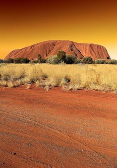 a red dirt field with a large rock in the background