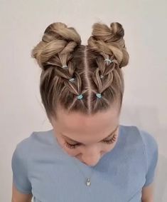 Faux Dutch Braids and Space Buns Fun Space Bun Hairstyles, Wedding Space Buns, Braids With Space Buns, Dutch Braid Space Buns, Easy Braided Space Buns, Space Buns Braids, Dutch Braid Space Buns Tutorial, Easy Hairstyles With Braids, How To Do Space Buns