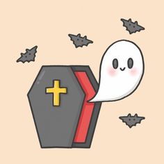 a cartoon ghost coming out of a chest with a cross on it and bats flying around