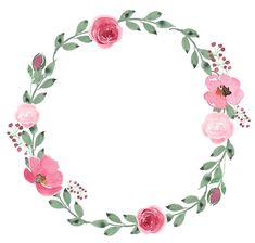 a watercolor wreath with pink flowers and green leaves