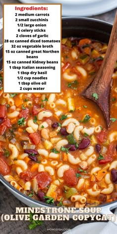 the ingredients for this minestone soup are in a pot with a wooden spoon on top