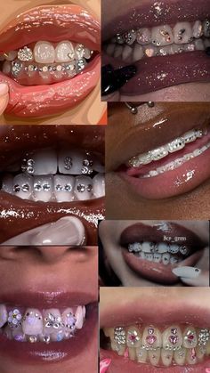 many different types of teeth with white and silver glitters