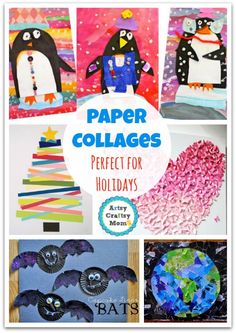 paper collages perfect for holidays with pictures of penguins, bats and christmas trees