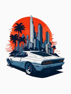 an old car is parked in front of a city with tall buildings and palm trees