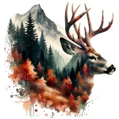 a painting of a deer with trees and mountains in the background