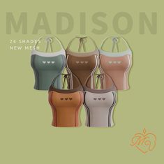 four different colored handbags with the words madison written on them in black and white