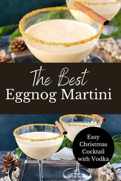 two glasses filled with eggnog martinis and garnished with cinnamon on the rim