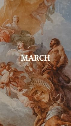 a painting with the words march in front of it and an image of cherubs