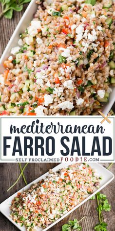 this mediterranean faro salad is loaded with fresh vegetables and feta cheese it's ready to be eaten