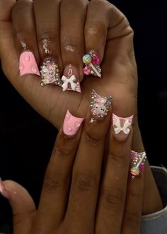 @boujie.acrylics Short Junk Nail Designs Acrylic, Junk Nails, Halloween Acrylic Nails, Acrylic Nail Set, Hard Nails, Colored Acrylic Nails, Girly Acrylic Nails, Dope Nail Designs, French Acrylic Nails