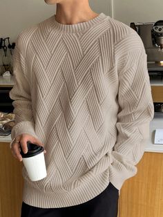 Men Solid Drop Shoulder Sweater Apricot Casual  Long Sleeve Fabric Plain Pullovers High Stretch  Men Clothing, size features are:Bust: ,Length: ,Sleeve Length: Outfits Quotes, Drop Shoulder Sweaters, Mens Plaid, Loose Sweater, Casual Sweatshirt, American Style, A Man, Style Casual