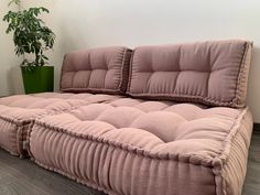 a pink couch sitting on top of a wooden floor next to a potted plant