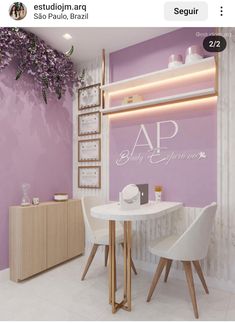 a room with purple walls and white furniture in the corner, along with a shelf that has flowers on it