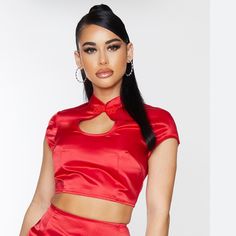 Wow!! Is All! Satin. Questions? Leave A Comment Below! Red Stretch Crop Top For Club, Trendy Red Stretch Crop Top, Red Fitted V-neck Crop Top, Red Party Crop Top With Built-in Bra, Trendy Red Crop Top With Built-in Bra, Crossover Crop Top, Tie Front Sweater, Crop Top Set, Strappy Crop Top