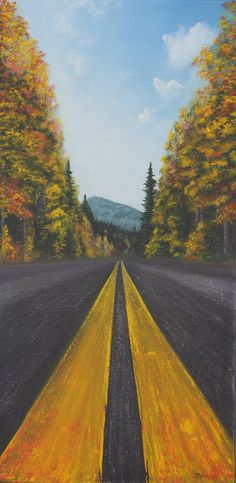 a painting of an empty road with trees in the background