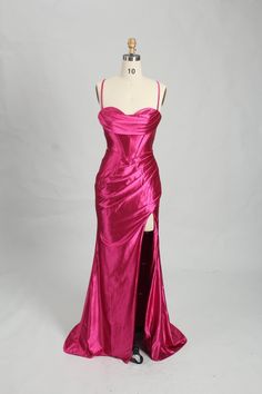 Experience the ultimate in luxury and comfort with our Kellie Hot Pink Corset Satin Evening Dress. Exquisitely crafted with stretch satin, this dress provides a perfect fit, while the draped skirt, lace up back, and high split add a charming, figure-flattering touch. Plus, if you need it in bigger sizes, just ask! We've got you covered. Pre-draped Satin Evening Dress For Night Out, Pre-draped Satin Dress For Party, Pre-draped Satin Gown With Fitted Bodice, Formal Dresses With Boning For Prom Season, Fitted Satin Finish Dress For Gala, Pre-draped Satin Dress For Prom Season, Fitted Pre-draped Satin Evening Dress, Satin Pre-draped Dress With Fitted Bodice, Fitted Silk Satin Pre-draped Dress